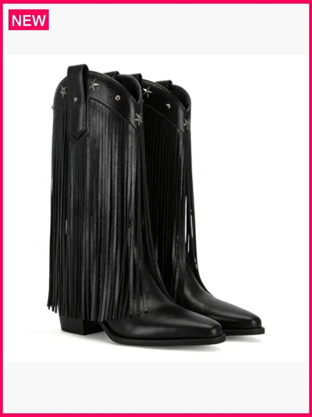 Fringe Western Boots Mid Calf Chunky Heel Pointed Toe Pull On Cowgirl Boots